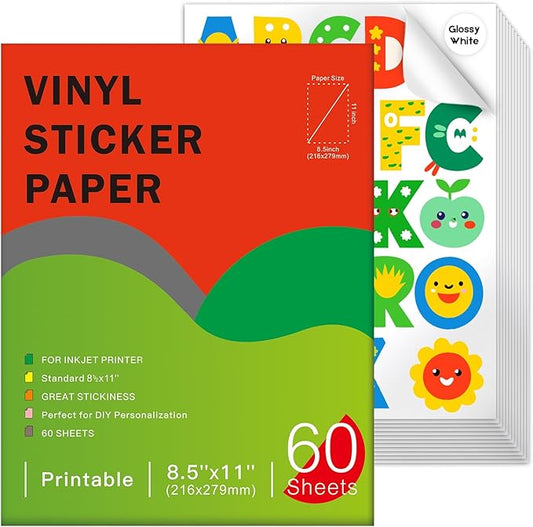 60 Sheets Premium Printable Vinyl Sticker Paper for Inkjet Printers Glossy White 8.5x11 Inch Waterproof & Vibrant Colours Retains Ink Well Tear Resistant Great for Cutting Machines