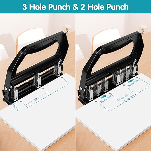 AFMAT HP18 Heavy Duty 3 Hole Punch, 50-Sheet Hole Puncher 3 Ring, 50% Reduced Effort, Adjustable Two & Three Hole Punch, Metal Paper Puncher w/Large Chip Tray, Metal Paper Guide, Black