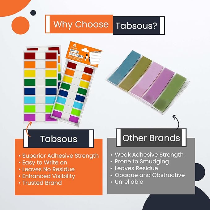 Tabsous 960 Sticky Tabs - Repositionable, Writable Index Tabs & Page Flags for Books, Files, and Notes - Transparent Colored Markers for Organizing, Highlighting, Classifying Documents (08 Colors)