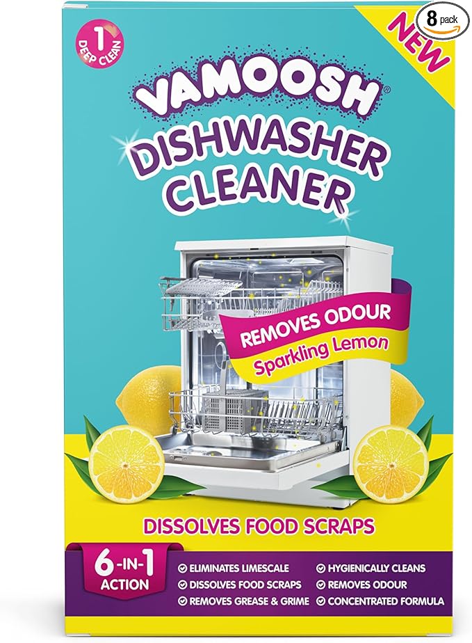 Vamoosh 6-in-1 Dishwasher Cleaner | Natural Citric Acid Cleaning Formula | No Limescale Removal | Grease Elimination | Eco-Friendly | Made in the UK | 100g (Pack of 8)