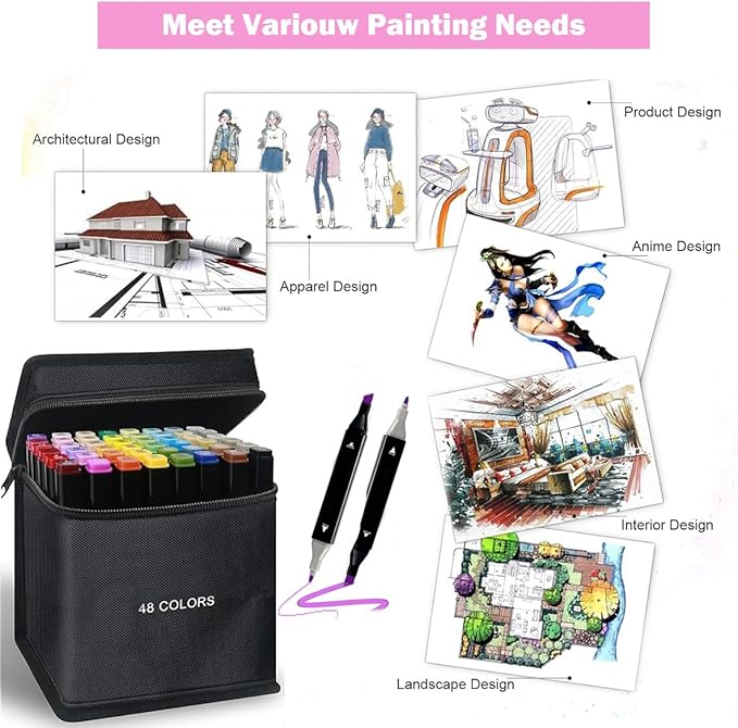 Alcohol Markers, 48 Colors Dual Tip Art Marker, Drawing for All Artists Paint Markers Pen with Carry Case Sketching Coloring