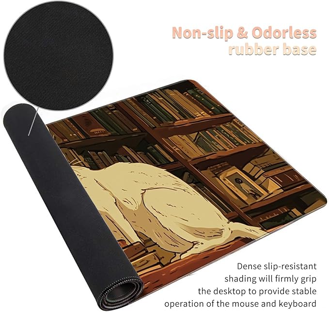 Desk Mat Large Gaming Mouse Pad (31.5x11.8 inch) with Stitched Edges, XL Mouse Pad +Coaster, Extended Mouse Mat Keybroad Mousepad Non-Slip Rubber for Gamer Men Women, White Cat Library