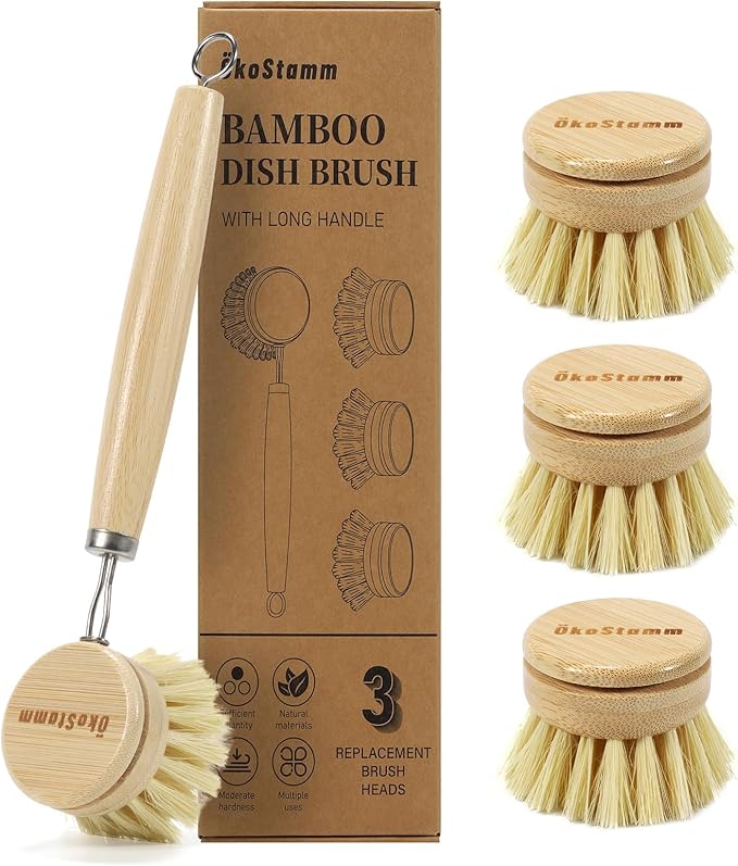 ÖkoStamm Bamboo Dish Brush with Long Handle - Natural Dish Scrubber Brush Set Includes 4 Replacement Brush Heads, Sisal Bristle Bamboo Brush for Dishes, Pans, Pot, Fruit and Veggie