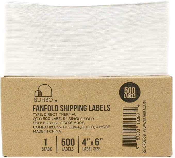 Buhbo 4" x 6" Direct Thermal Labels - Perforated BPA Free - Compatible with Zebra & Rollo Printer - Commercial Grade Shipping (500 Fanfold Labels)