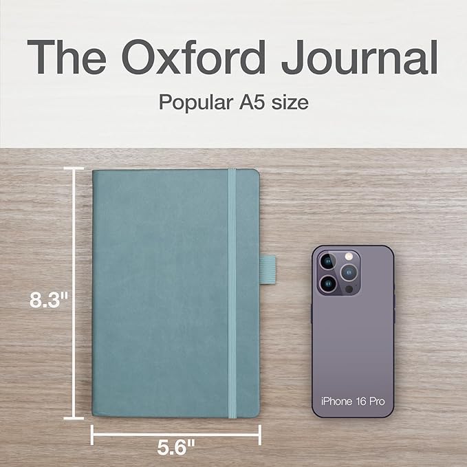 Oxford Journal, Lined Writing Notebook, Writer's Journal, Classic Notebook for School or Office, 320 Pages of Lined Paper, A5 Size, 5.6" x 8.3", Built-in Pen Loop, Light Teal Hardcover (1014494)
