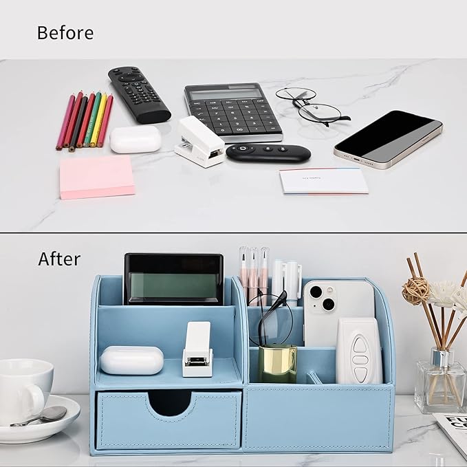 KINGFOM Pu Leather Desk Organizer Pen Pencil Holder Office Supplies Caddy Storage Box 6 Compartments with Drawer Blue