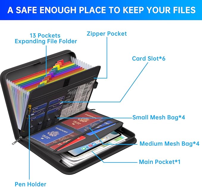 ENGPOW Accordion File Organizer,Fireproof Expanding File Folder with Multi Pockets,13 Colorful Pockets Document Organizer with Handle & Labels,Portable Home Travel Safe Storage for Letter A4 Files
