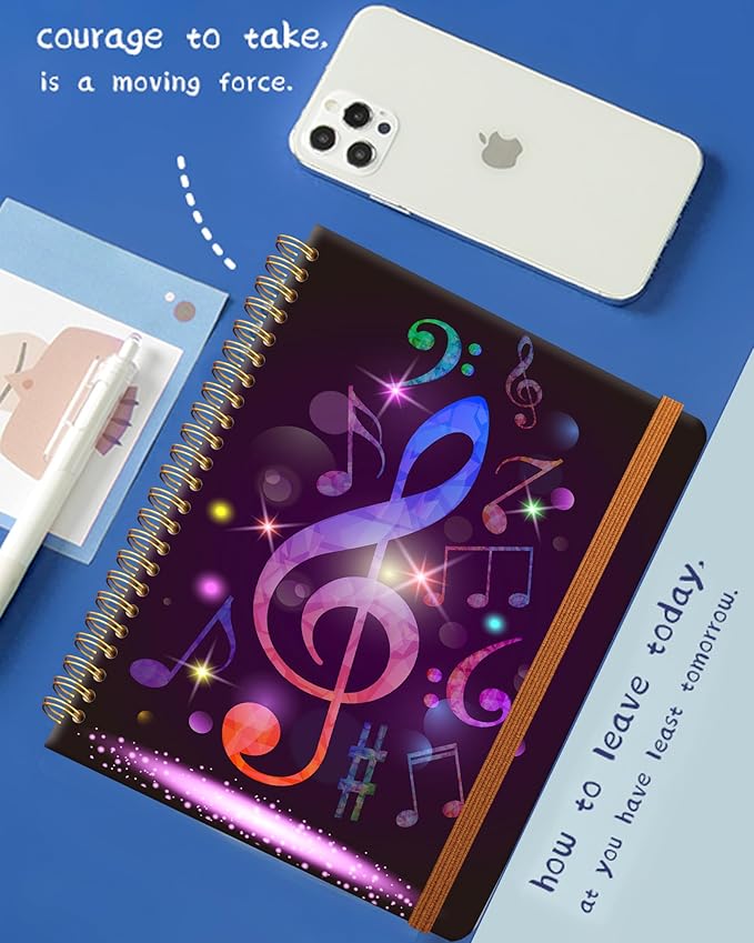 Ruled Spiral Writing Notebook,A5 Hardcover Lined College Journal for Women,Strong Twin-Wire Binding with Premium Paper,8.4" X 6",Perfect for School,Office,Home(Colorful Purple Music)