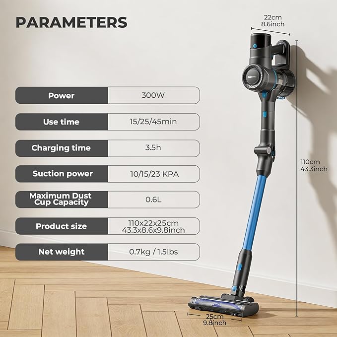 Apical Life Cordless Vacuum Cleaner, 23Kpa 300W Stick Vacuum with Foldable Tube, 45 Mins Runtime, LED Headlight, HEPA Filter, Wall-Mounted Storage, 3-in-1 for Carpet and Hard Floor