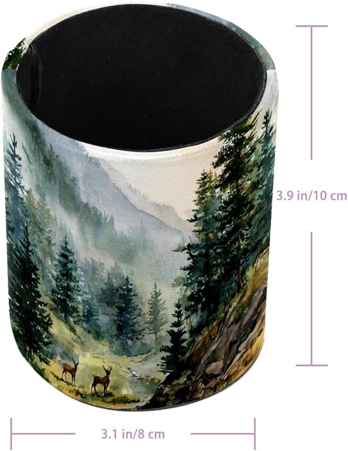 1 Pack Watercolor Mountain Deer Circular Pen & Pencil Holder - Durable PU Leather Pencil Cup, Desk Accessories Organizer for Office Desk School Home