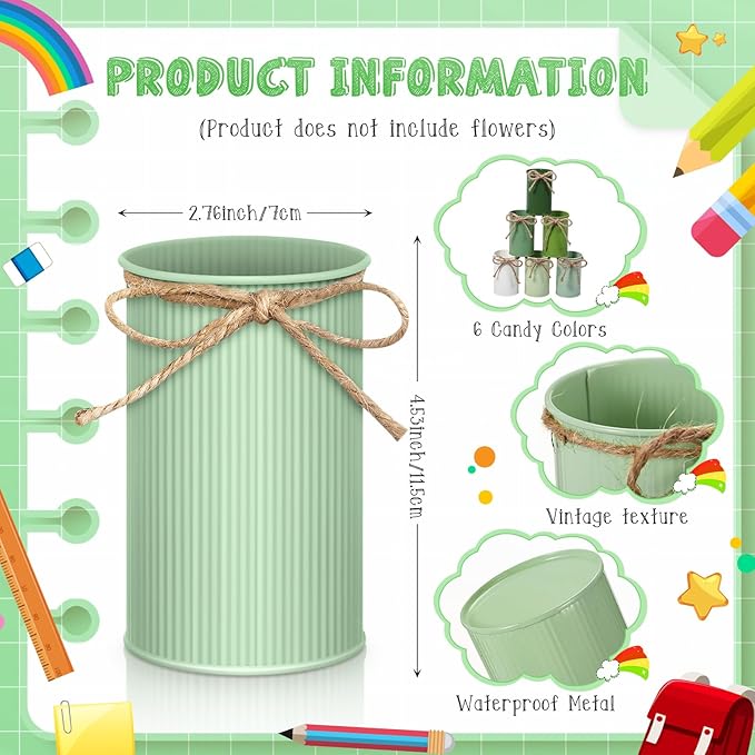 Domensi 6 Pcs Sage Green Pen Holder Cup for Desk Pencil Holder Marker Pen Metal Organizer Wedding Table Centerpiece Small Galvanized Metal Tin Vases for Artificial Flowers Office Stationery Storage