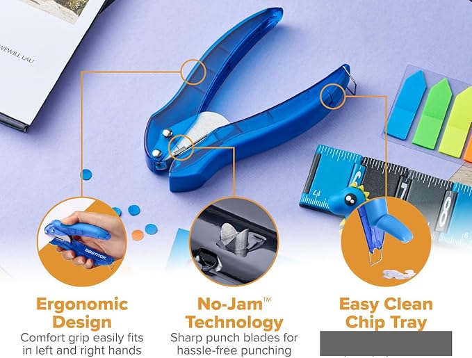 Bostitch EZ Squeeze Hole Punch - 3-Pack, Single Hole Punch 10 Sheet Capacity, Ideal for Kids and Adults, Black, Red and Blue