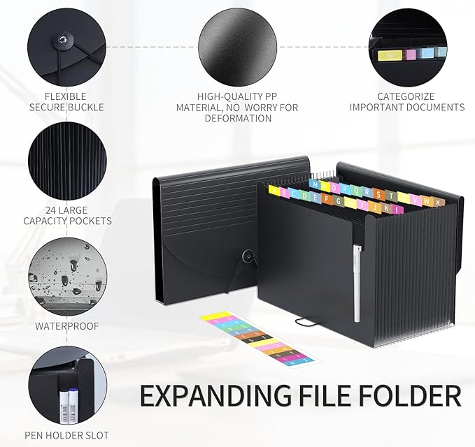 24 Pockets Expanding File Folder,Accordion File Organizer,Document Organizer Letter Size,Expandable Filing Box,Special Designed for Portable Use,Accordian Folders,Plastic (Black)