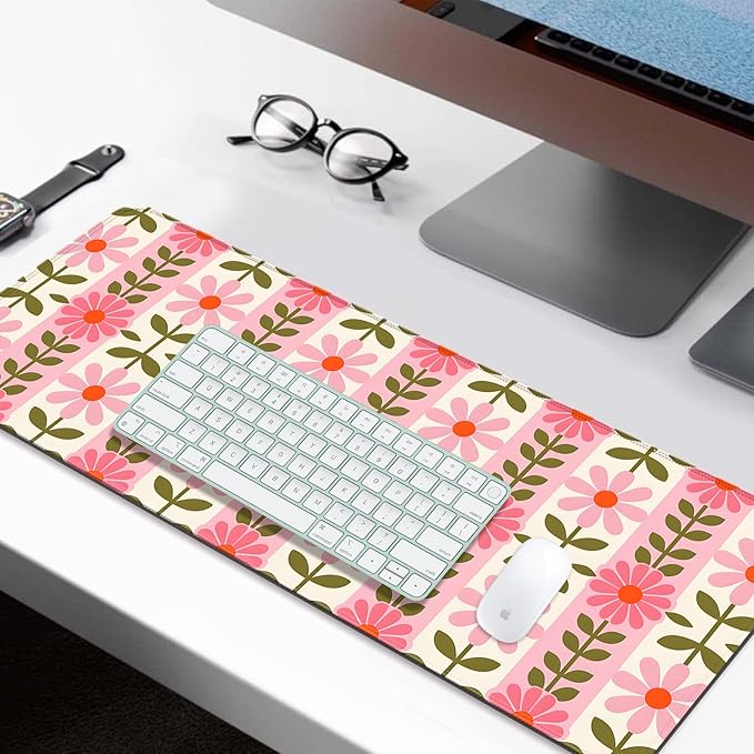 Pretty Pink Flowers Gaming Desk Mat, Computer Keyboard Large Extended Long Floral Mouse Pad for Office and Home, XL (W11)