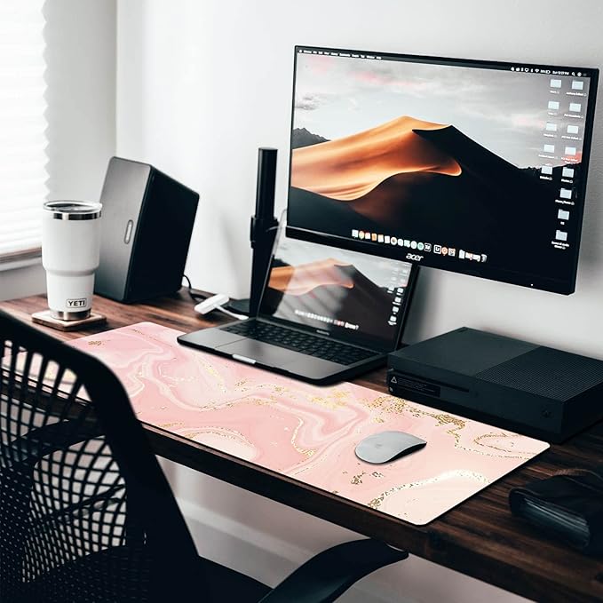 Extended Gaming Mouse Pad (31.5 X 11.8 in), Large Non-Slip Rubber Base Mousepad,Keyboard Mouse Mat Desk Pad for Work, Game, Office - Pink Rose Gold Marble, MOU-08