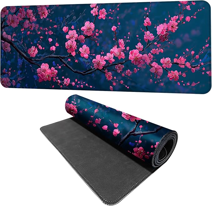 Elegant Cherry Blossom Mouse Pad – 31.5" x 11.8" Extended Desk Mat with Pink Peach Blossoms on Deep Blue Background – Large Non-Slip Surface for Home & Office Use