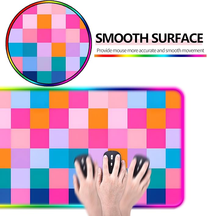 RGB Retro Coloful Checkered Gaming Desk Mat, Computer Keyboard Large Extended Long LED Mouse Pad for Office and Home, XL (W20)