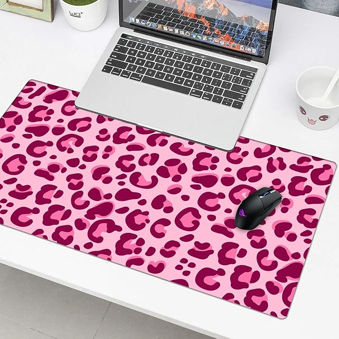 Pink Leopard Desk Pad Protector, Stitched Edges Mouse Pad, Large Office Desk Mat, Non-Slip Desk Blotter, Laptop Desk Pad, Desk Writing Pad for Office and Home (31.5" x 15.7 ")