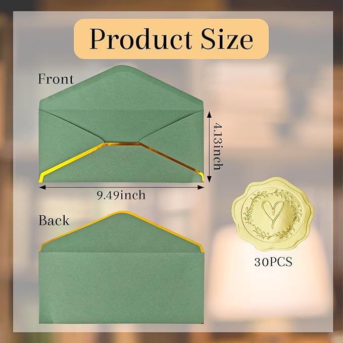 30 Pack #10 Business Envelopes with Gold Border and Stickers, 9.49x4.13 Inch Self Seal Standard Envelopes for Office, Letters, Checks, Invoices, Documents (Sage Green)