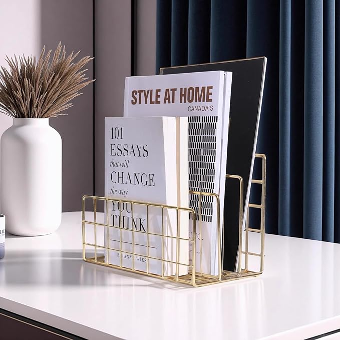 Metal File Organizer, 3 Vertical Sections, Desktop Paper/Mail/Letter/Record Holder, File Folder Holder Stand Rack Sorter for Office Desk Organization and accessories & supplies (Gold)