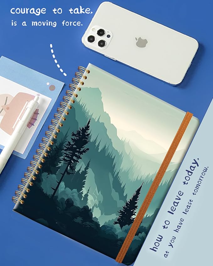 Ruled Spiral Writing Notebook,A5 Hardcover Lined College Journal for Women Lady Girl,Strong Twin-Wire Binding with Premium Paper,8.4" X 6",Perfect for School,Office,Home Gifts(green mountain forest)