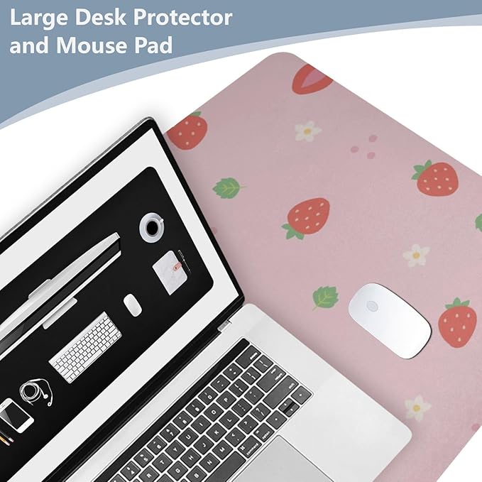 Mouse Pad Desk Mat Leather Desk Pad Large Gaming Desk Cover Protector Mat for Keyboard Computer Laptop Office Waterproof 35.4 x 16.5 Inch Cute Strawberry