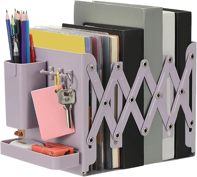PATIKIL Adjustable Book Ends, 7.5" Tall Heavy Duty Metal Adjustable Bookends Book Holders Organizer with Removable Pen Holder Tray and 3 Hook-up for Heavy Books Desk Office Home, Purple