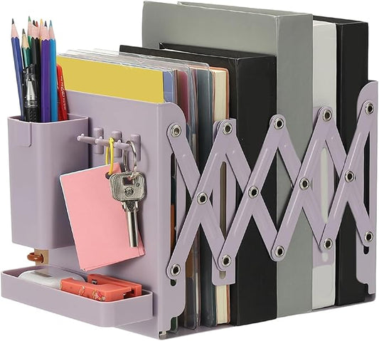 PATIKIL Adjustable Book Ends, 7.5" Tall Heavy Duty Metal Adjustable Bookends Book Holders Organizer with Removable Pen Holder Tray and 3 Hook-up for Heavy Books Desk Office Home, Purple
