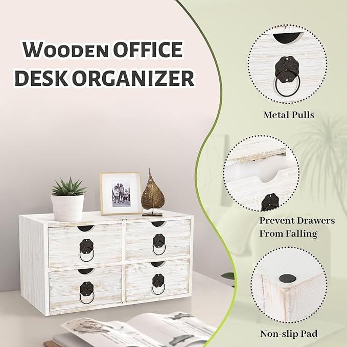 Wood Desk Organizer, White Wooden Desktop Organizer with Drawer, Tabletop Storage Organization Box for Countertop, Home Office Supplies, Bills (4 Drawer)