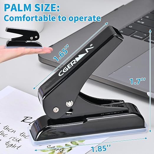 Single Hole Punch, 30 Sheet Capacity, with 10 Pcs Loose Leaf Binder Rings, Heavy Duty Paper Hole Puncher, 1/4" Hole Punches, 60% Labor Savings for for ID Cards, Chipboard Art Projects, Black