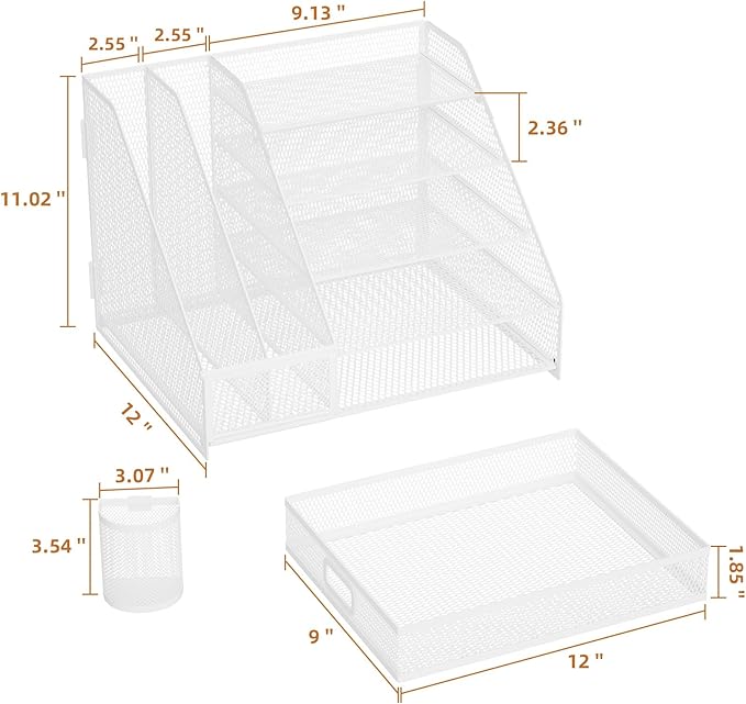 Marbrasse Desk Organizer with File Holder, 5-Tier Paper Letter Tray Organizer with Drawer and 2 Pen Holder,Mesh Desk Organizers and Accessories,Desktop Organizer and Storage for Office Supplies(White)