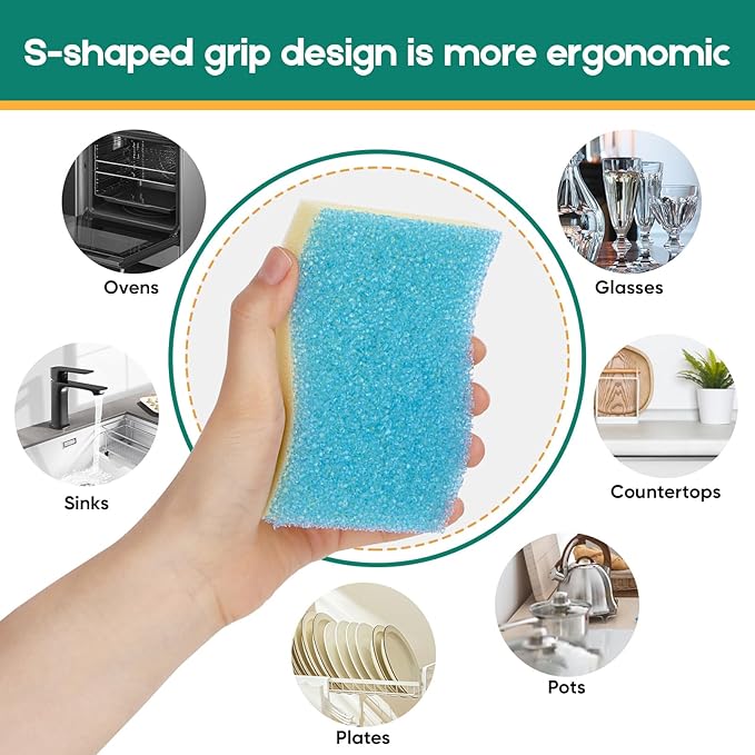 LAUNDRYLUX Scrub Sponge, 4 Pack Dual-Sided Temperature-Responsive Scrubber - Non-Scratch - Multipurpose Dish Sponges for Kitchens, Bathrooms, and Outdoor Use - S Shape