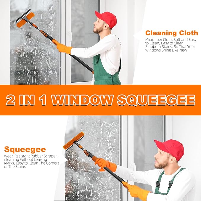 SISUPASSIE 20FT Reach 2-in-1 Window Squeegee, Professional Window Washing Kit with 3-12FT Extension Pole for Home, Indoor Outdoor Squeegee with Rotatable Head for High Windows