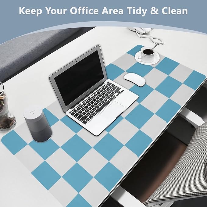 Mouse Pad Desk Mat Leather Desk Pad Large Gaming Desk Cover Protector Mat for Keyboard Computer Laptop Office Waterproof 47.2 x 23.6 Inch Checkered Blue and White