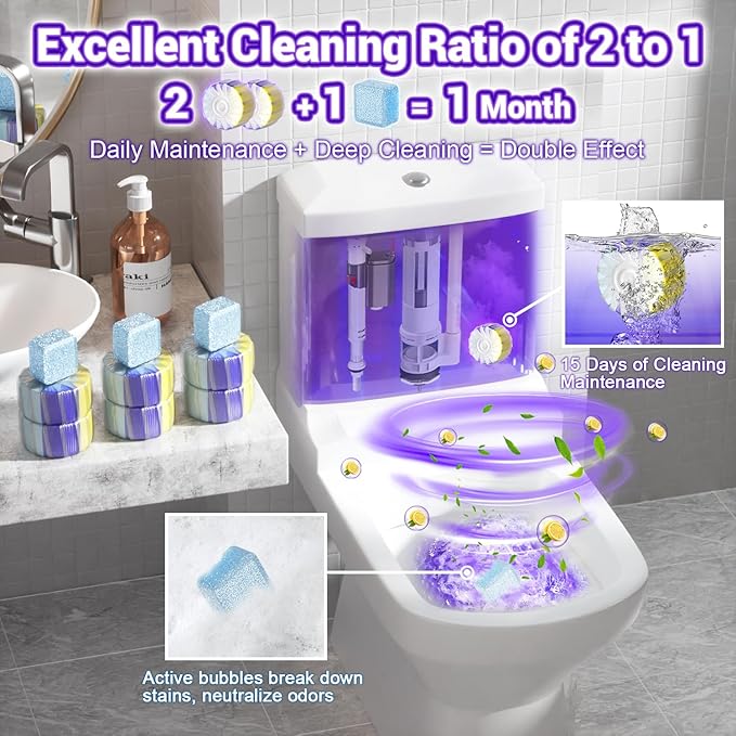 Nunemosk 18 Pack Upgraded Toilet Bowl Tablets, 12 Pcs Triple Effect Toilet Bowl Tablets + 6 Pcs Tank Cleaner With Bleach, 2:1 Toilet Bowl Cleaners Drop In Tank For Deodorizing & Descaling(18 Pack)