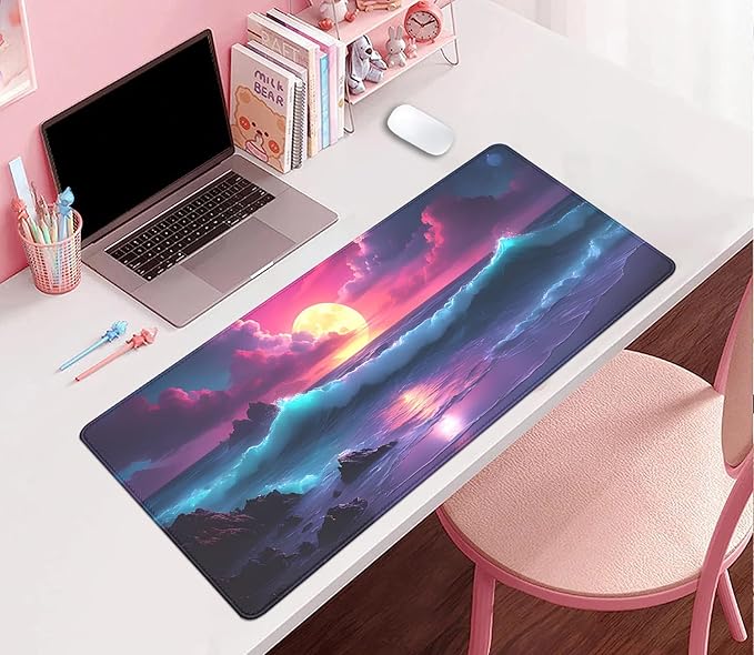 Colorful Clouds Sunset Waves Extended Desk Pad Mouse Pad,Stitched Edges Non-Slip Rubber Base XL Mouse Mat Desk Mat for Office Home Work Mousepad(27.5X11.8 Inch)