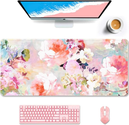 Auhoahsil Desk Pad, XXL Large Mouse Extended Gaming Mousepad, Cute Mat for Women, Big Office Accessories Pad Computer Keyboard and Laptop, 35.5 x 15.7 Inch, Pretty Pink Flowers, Girly Flowers
