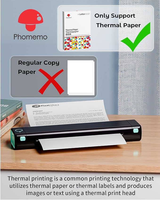Phomemo Portable Printers Wireless for Travel, M08F Inkless Thermal Printer Support for 8.5"x11" US Letter, Small Bluetooth Printer Compatible with Phone, Laptop for Car, Office, Home Use, School
