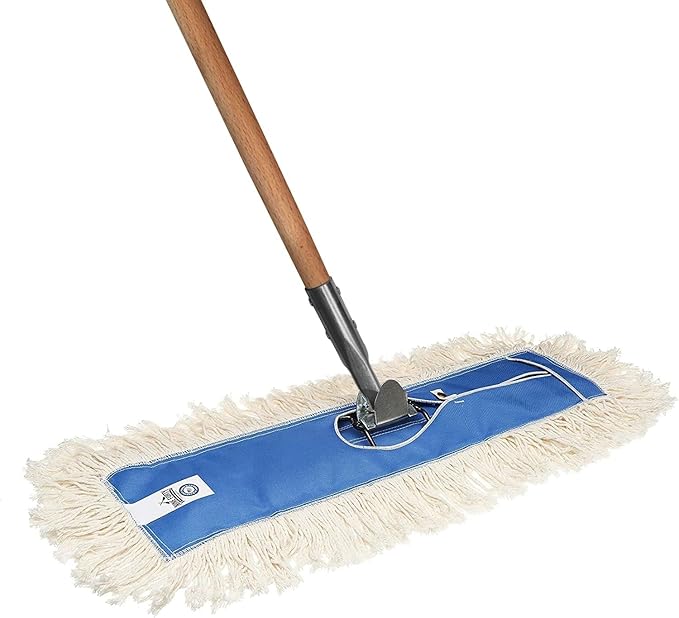 Nine Forty 60" Premium Cotton Dust Mop Kit - Heavy Duty Mop Head with Wood Handle for Industrial, Commercial, and Residential Cleaning - Dry Floor Duster for Hardwood Surfaces - White