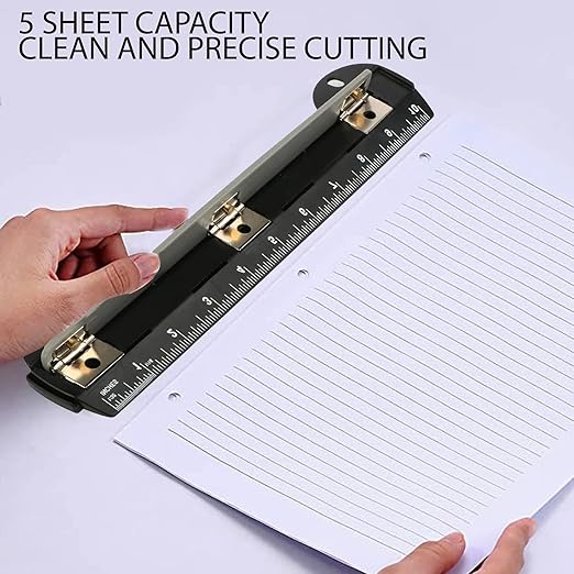 Performore 3 Ring Hole Punch for Binder, Paper Hole Punch with Built-in 10" Ruler, 5 Sheets Capacity, 3 Hole Portable Puncher for Office and School Supplies