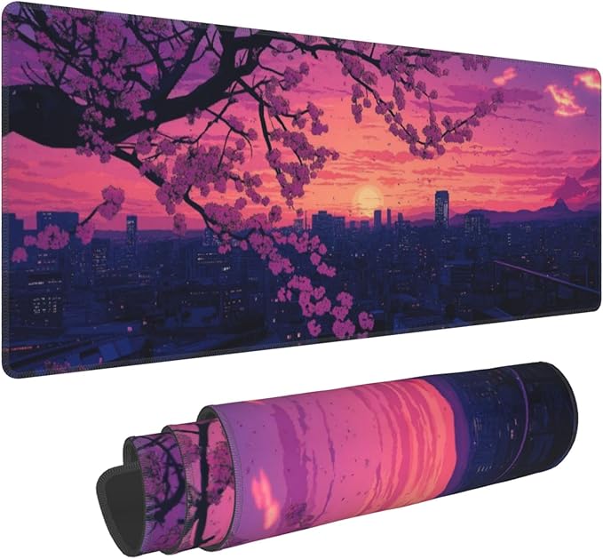 Sakura City Sunset Large Mouse Pad, Anime Style Gaming Desk Mat, XL Keyboard Desk Pad Mat for Desktop, 31.5"x11.8" Non-Slip Base Big Mousepad with Stitched Edges