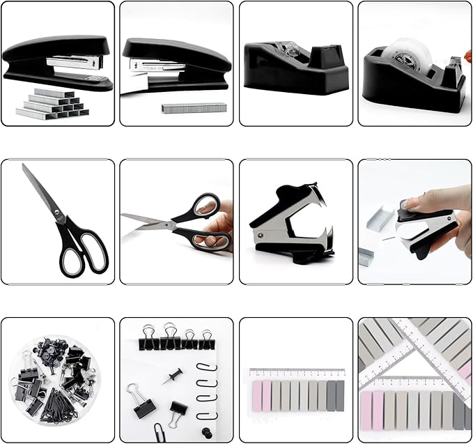 sportsvoutdoors Black Desk Accessories, Black Office Supplies, Stapler and Tape Dispenser Set, Black Desk Accessory Kit, Gift for Students, Women, Coworkers, Boss Lady, Office Clerks