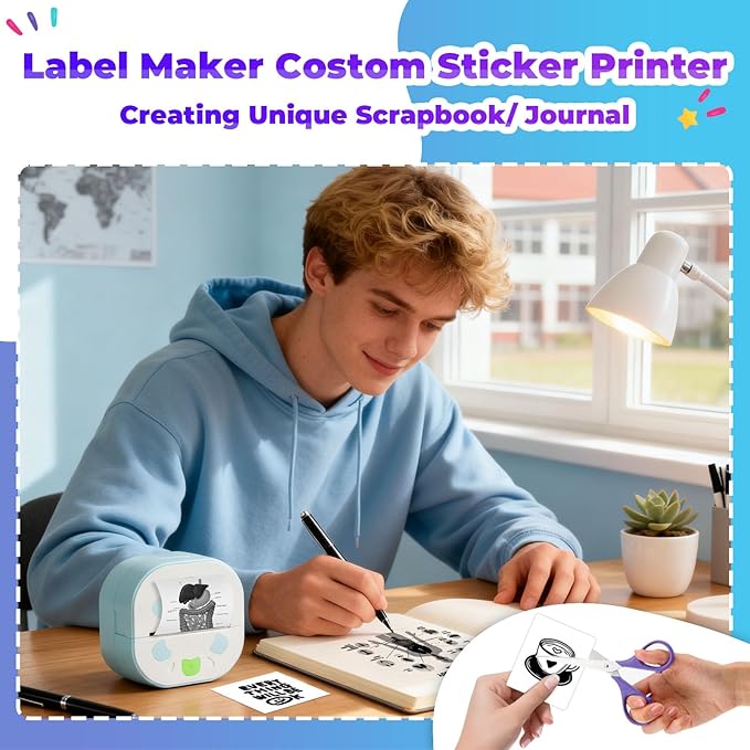 Mini Sticker Printer PrintPods, Portable Bluetooth Sticker Maker Machine with 3 Rolls Paper, D21 Thermal Inkless Photo Printer, Impresora Portátil for Phone DIY Photos Study Notes Journal Kids Gift