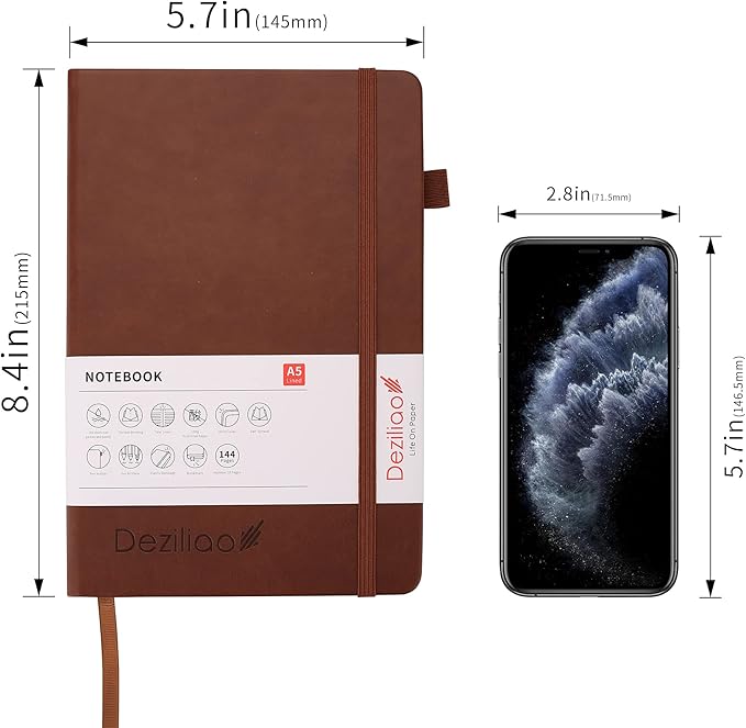 Deziliao Lined Journal Notebooks with Pen Loop, Hardcover Notebook Journal for Work, 100Gsm Premium Thick Paper with Inner Pocket, Medium 5.7"x8.4", （Brown, Ruled）