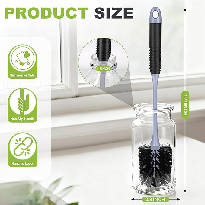 ZHAYAO Long Handle Bottle Brush, Reusable Water Bottle Cleaner Brush, Flexible Scrub Brush for Water Bottles, Glasswares, Mugs, Thermos, Black, 2 Pack