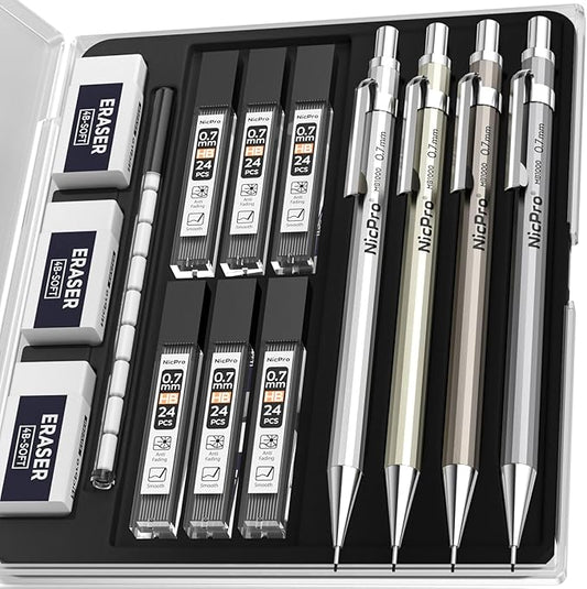 Nicpro 4 Pack Mechanical Pencil 0.7mm with Case, MB1000 Metal Mechanical Pencil Set with 6 Tube HB #2 Lead Refill 0.7 mm, 3PCS 4B Eraser, 9 Cap Eraser for Artist Drafting Writing, Sketching, Drawing