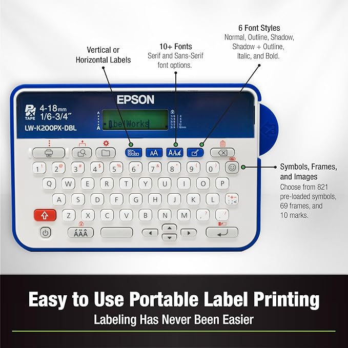 LABELWORKS Epson LW-K200PX-DBL Simple Labeler Bundle - QWERTY Label Makers and Black on Clear Matte Label Tape