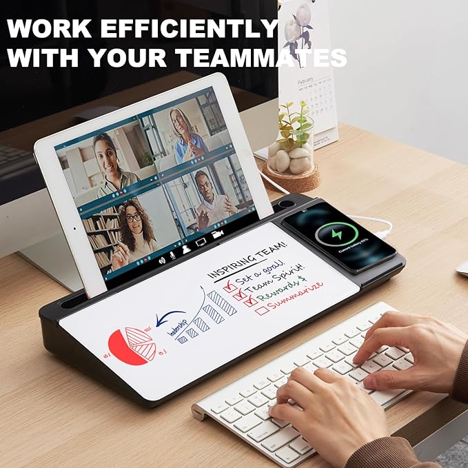 Small Glass Desktop Whiteboard Dry-Erase-Board - Computer Keyboard Stand with Wireless Charger White Board Surface Pad with Drawer, Desk Organizers with Accessories for Office, Home, School Supplies
