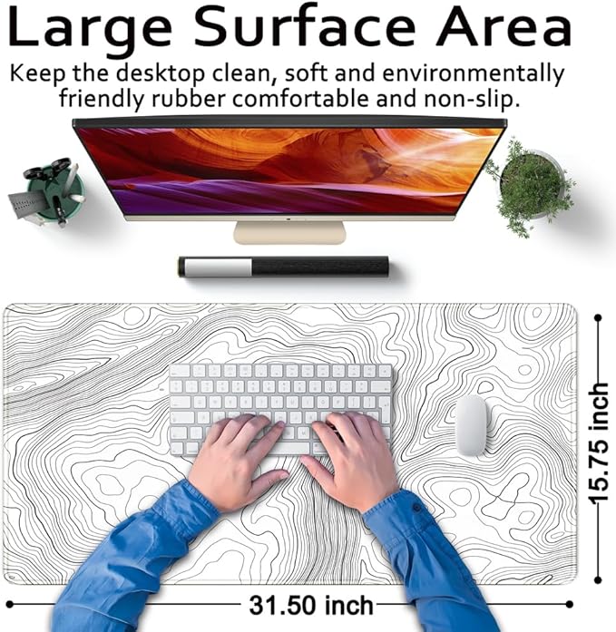 Desk Mat Large Gaming White Mouse Pad Minimalist Topographic Map Desk Mat Extended XL Mousepad 31.5x15.7 in Anti-Slip Desk Pad Keyboard Mousepad Stitched Edges Large Mouse Pad Grey