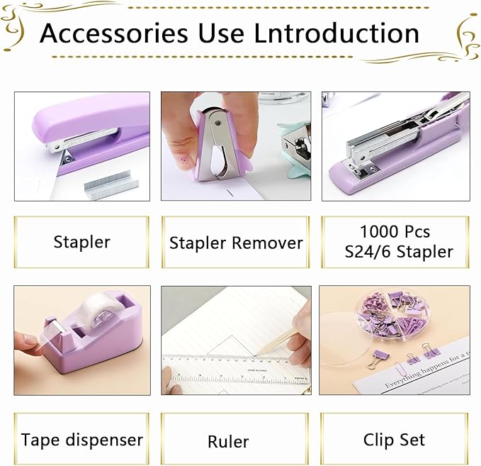 Office Supplies Set,Desk Accessories,Stapler and Tape Dispenser Set,1000 Staples,Staple Remover,Hinder Clips,Ruler,Scissor,Clear Tape,Ballpoint Pen,Sticky Notes,Gifts for Colleagues(Purple)